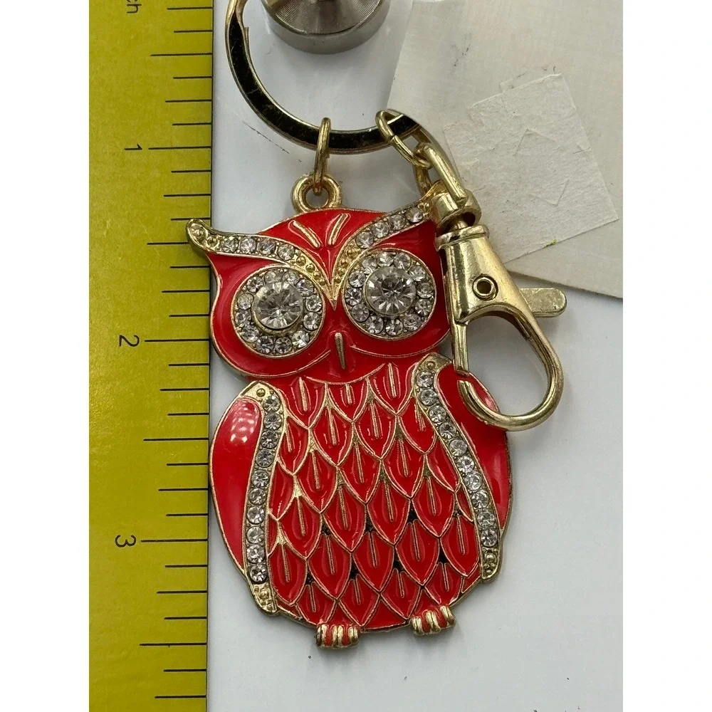 Orange Red Enamel Owl Keychain Gold Tone Rhinestone Eye‎ Bag Charm
